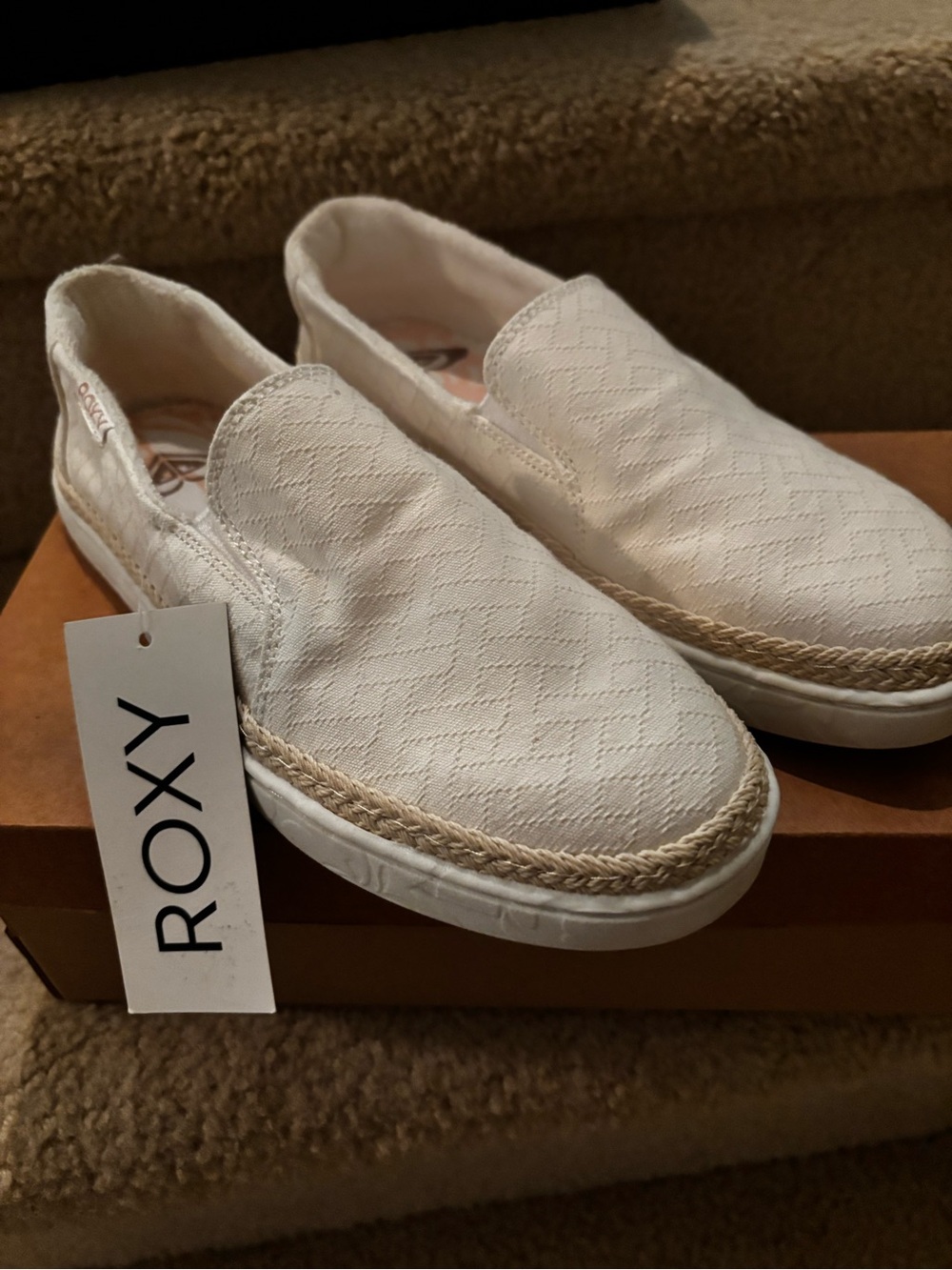 Roxy White Canvas Slip-On Espadrille with Natural Braided Trim - Picture 2 of 6